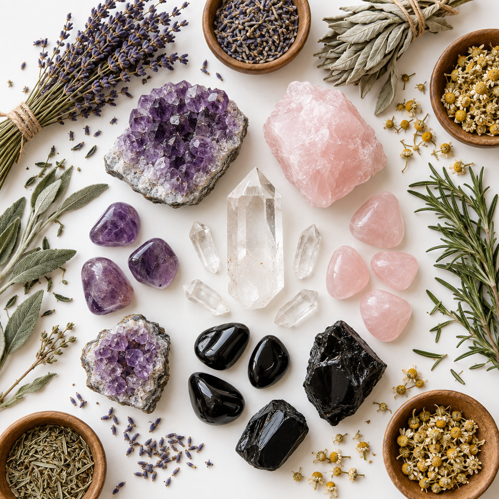 An image with various crystals including amethyst, clear quartz, rose quartz, and black tourmaline. The surronding area contains various herbs and is set on a white background
