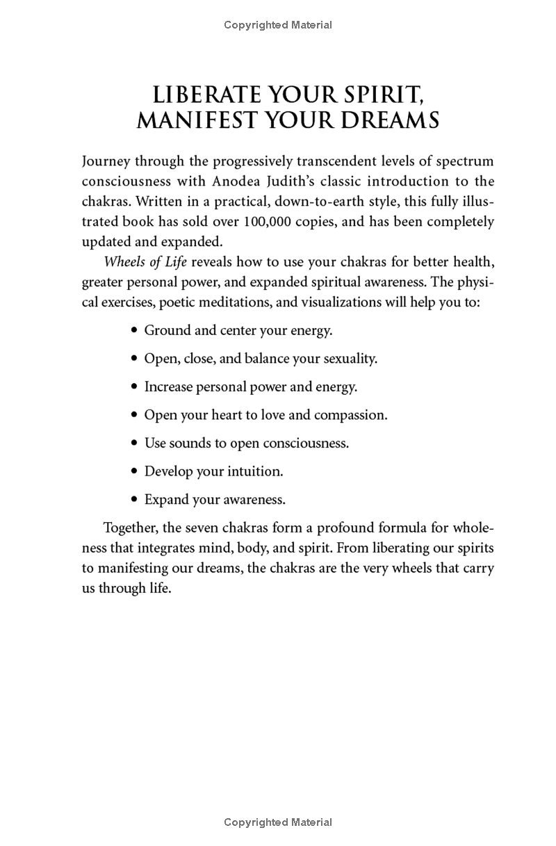A book cover page with black serif text on a white background, titled 'LIBERATE YOUR SPIRIT, MANIFEST YOUR DREAMS' with introductory copy and a bulleted list of benefits.