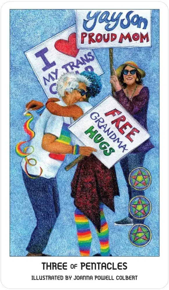 Card featuring two people with rainbow flags and protest signs on a blue background