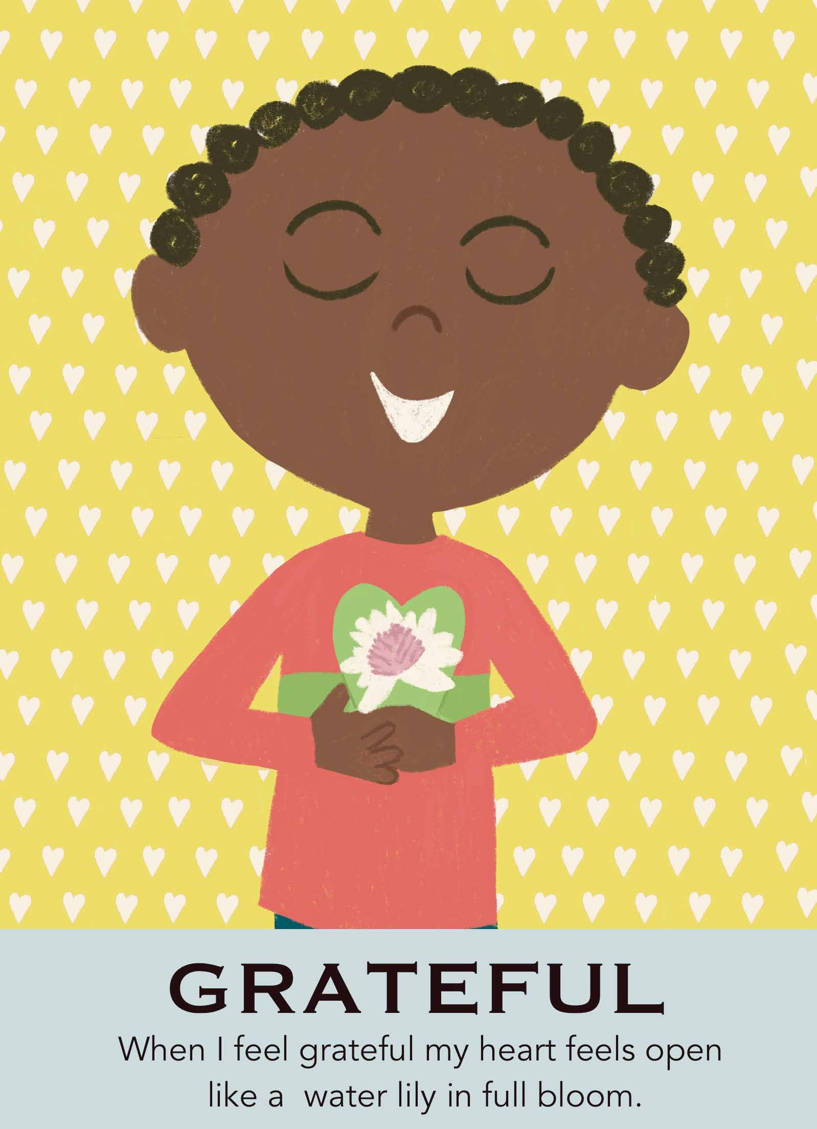 Illustration of a child holding a flower with a yellow heart-patterned background and the word 'GRATEFUL' at the bottom.