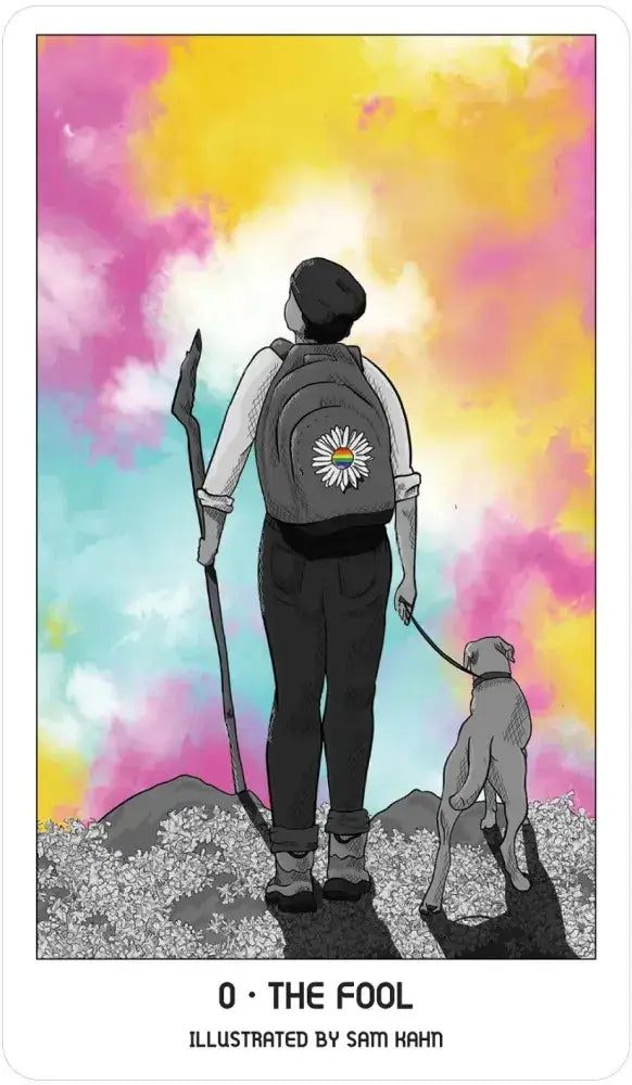 Illustration of a person with a backpack and a dog against a colorful sky, labeled 'The Fool'.