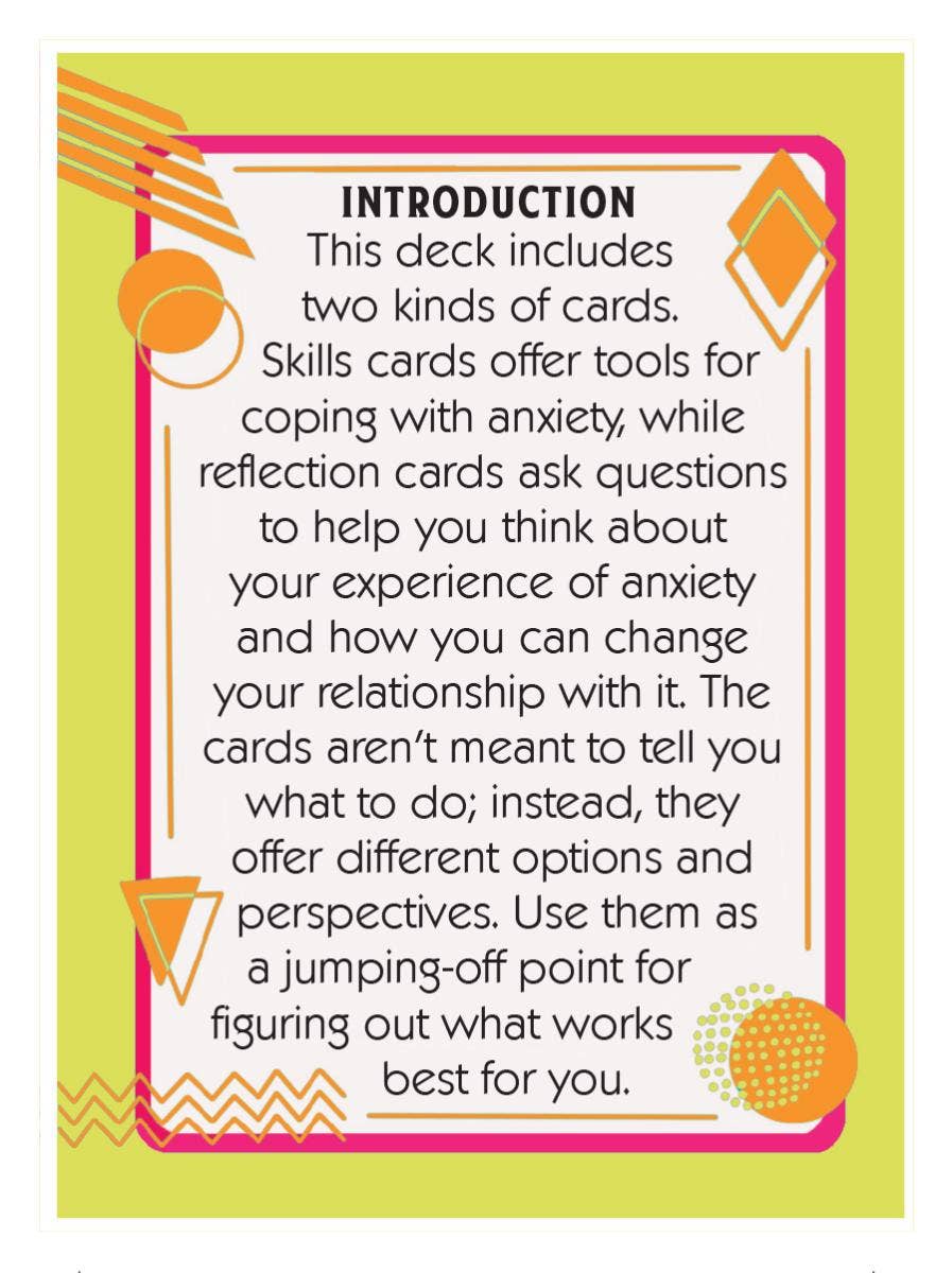 Instructions for a card deck on anxiety management with colorful border