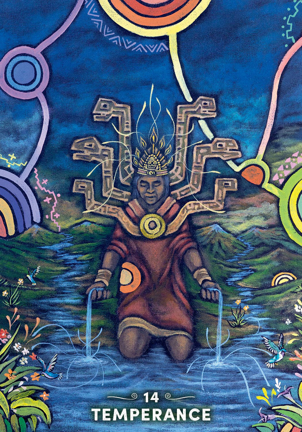 Tarot card titled 'Temperance' with a figure in a ritualistic pose over water, surrounded by nature elements.