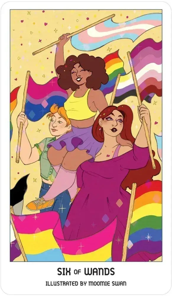 Card featuring three illustrated figures holding wands and rainbow flags, with 'Six of Wands' text at the bottom.