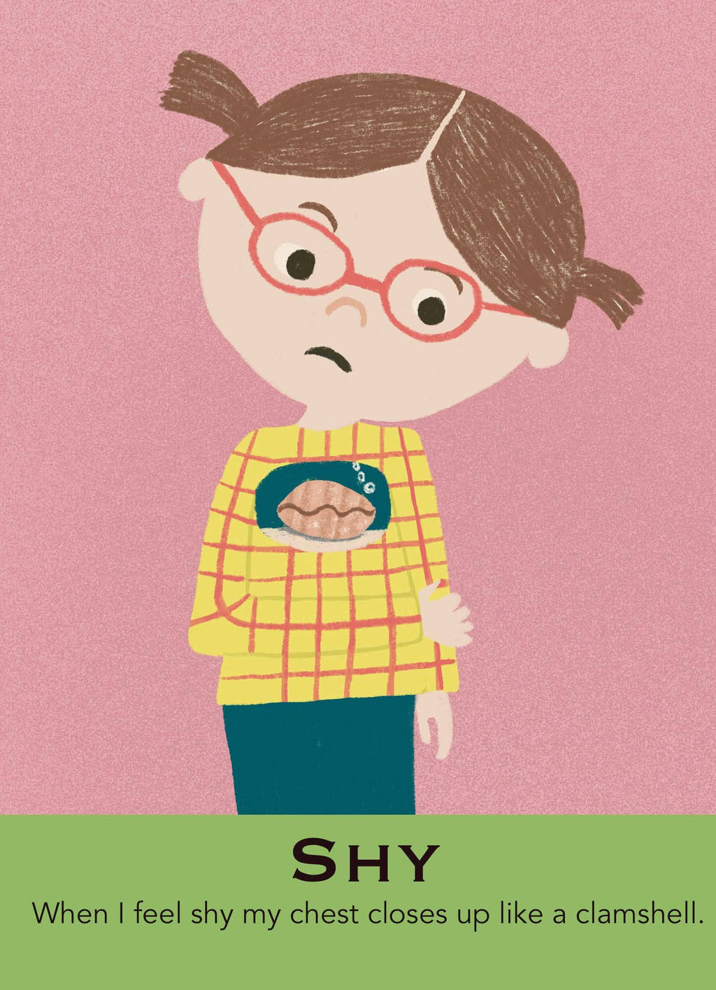 Illustration of a shy girl with glasses and a yellow shirt on a pink background.