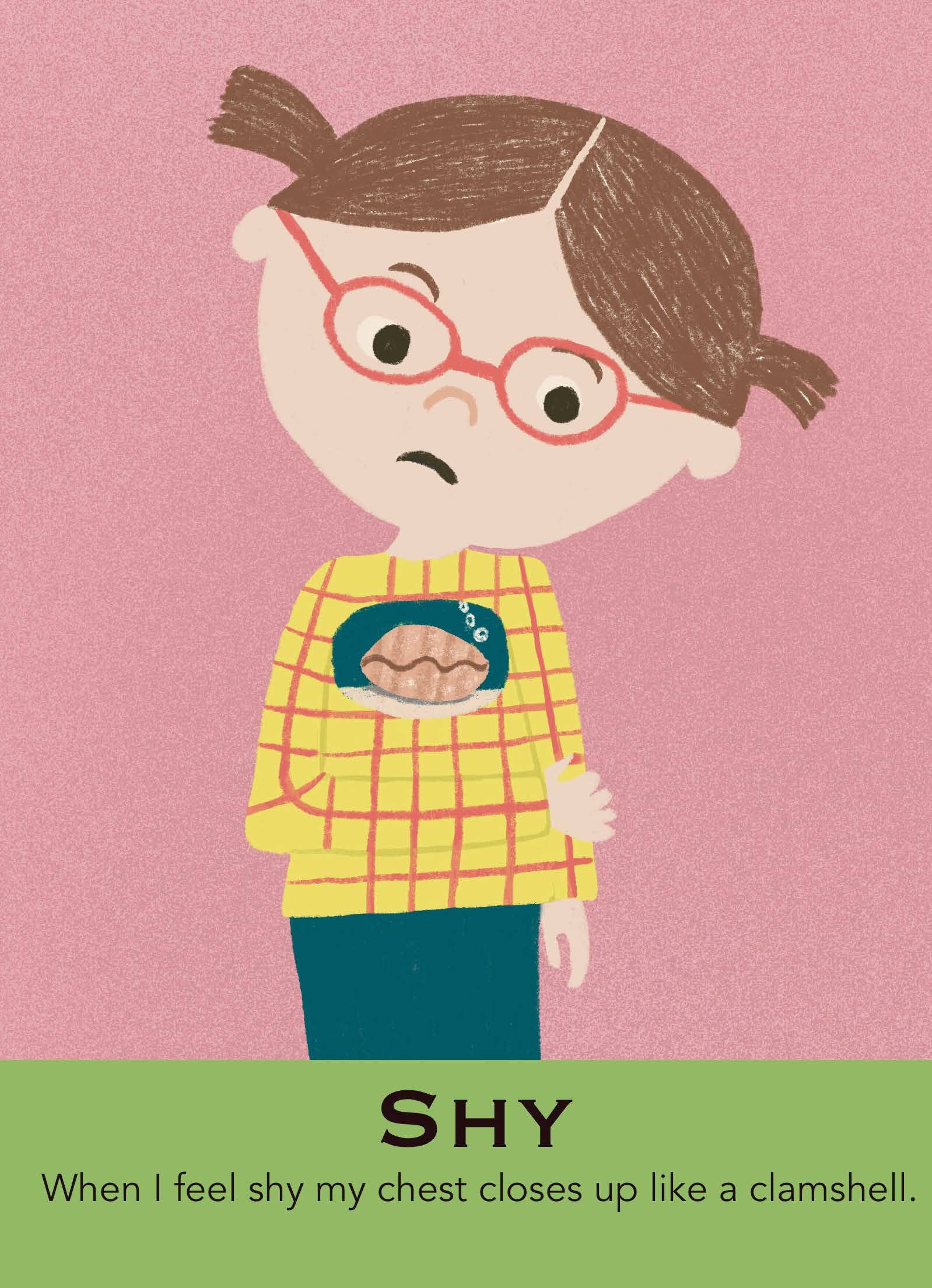 Illustration of a shy girl with glasses and a yellow shirt on a pink background.