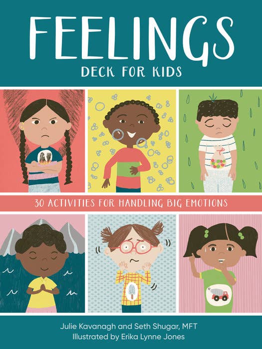 Book cover of 'Feelings Deck for Kids' with illustrations of children showing different emotions.
