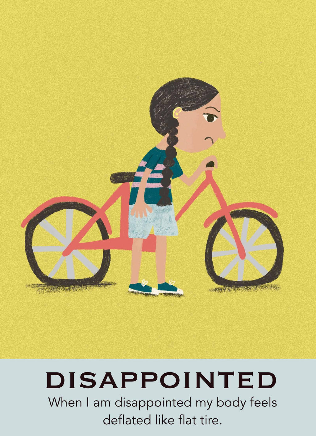 Illustration of a girl with a deflated bicycle on a yellow background with text.