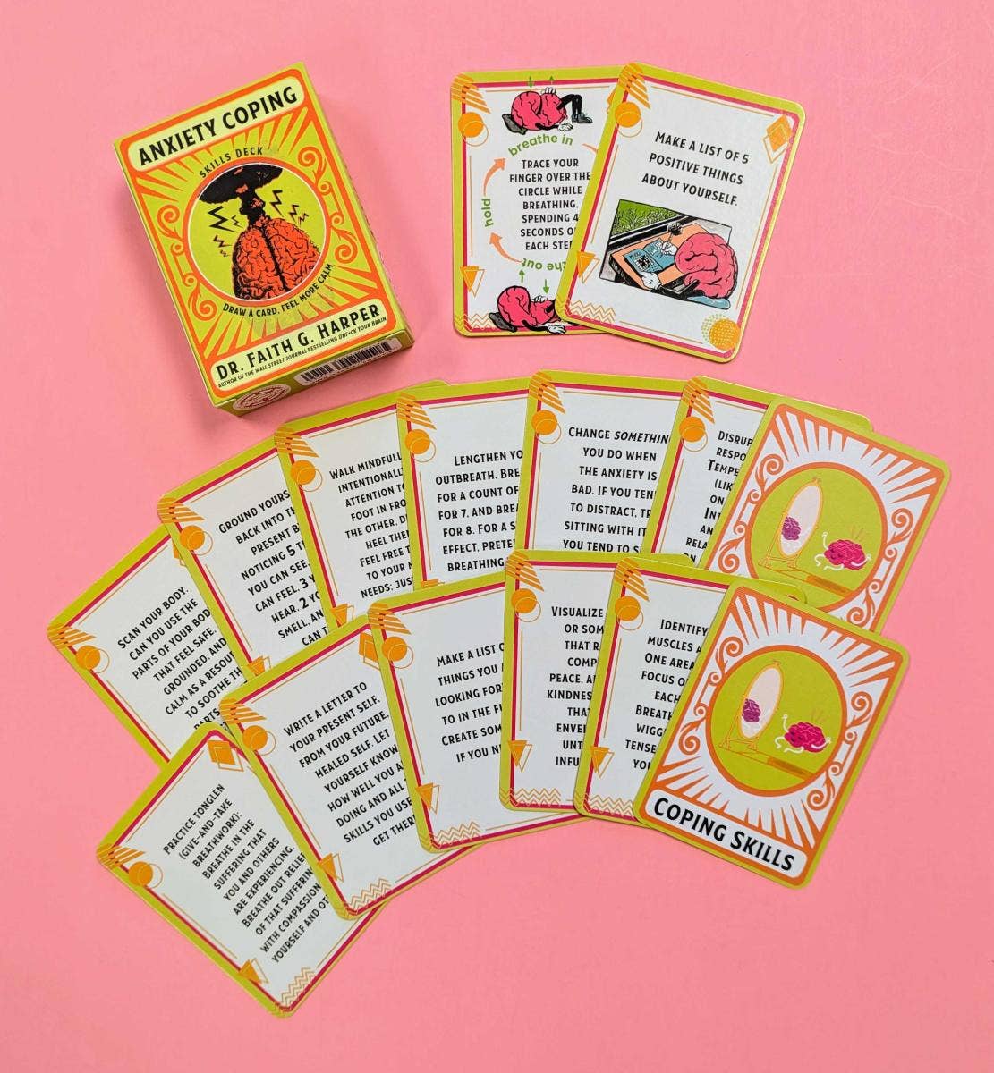Set of anxiety coping cards with colorful designs on a pink background