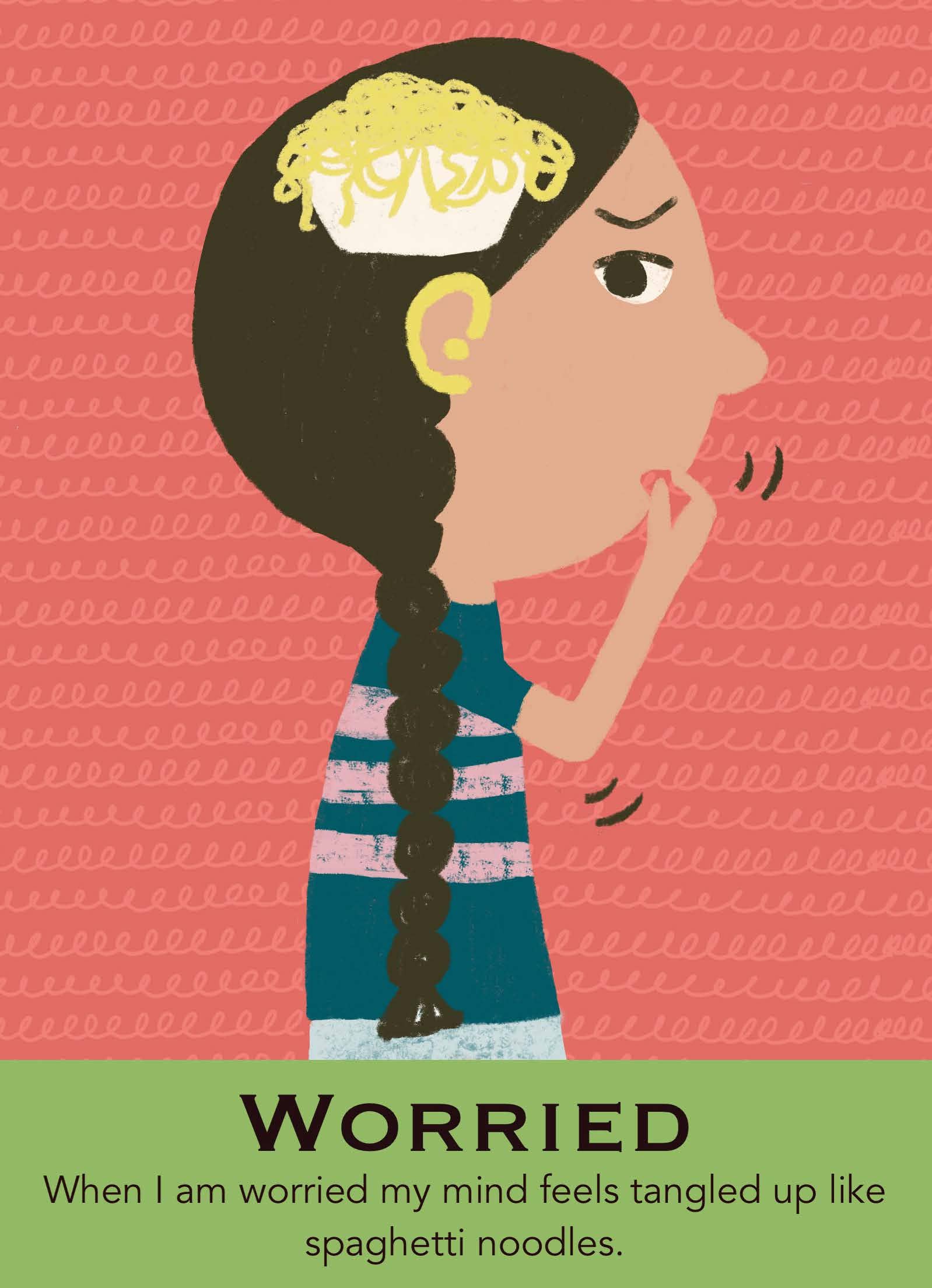 Illustration of a child with spaghetti noodles on their head against a pink background, with text below.