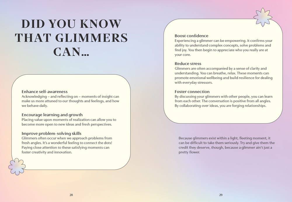Page from a book or magazine with text about the benefits of 'glimmers' on a pastel background.