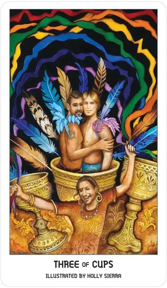 Three of Cups tarot card with two people embracing under a rainbow arch, illustrated by Holly Sierra.