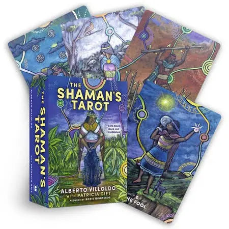 Shaman's Tarot cards with colorful illustrations and the book titled 'The Shaman's Tarot' by Alberto Villoldo and Patricia Ahern.