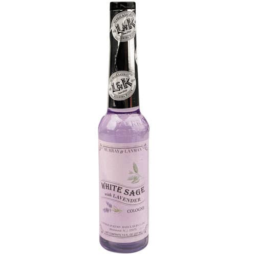Bottle of White Sage with Lavender cologne by L&K on a white background