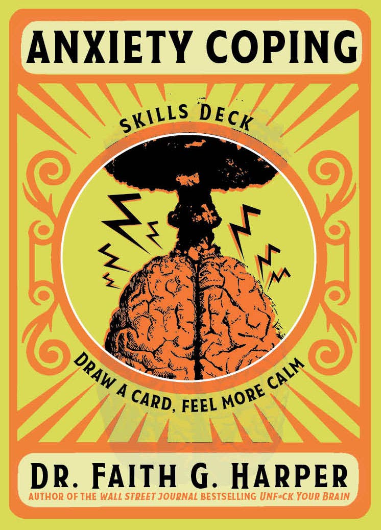Book cover of 'Anxiety Coping Skills Deck' by Dr. Faith G. Harper with a brain and mushroom cloud illustration.