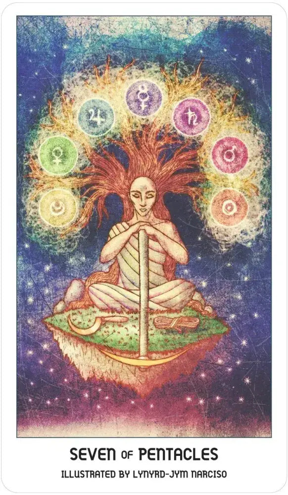 Seven of Pentacles tarot card with a person in a meditative pose and colorful pentacle symbols.