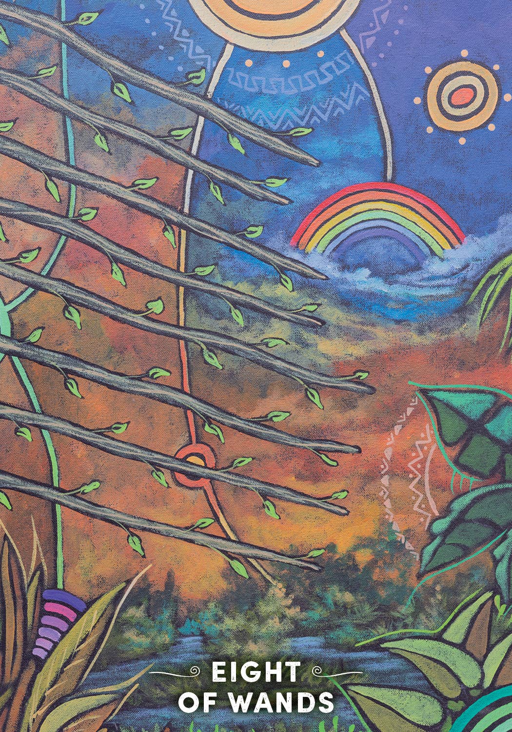 Card with 'Eight of Wands' design featuring wands, rainbow, and celestial elements.