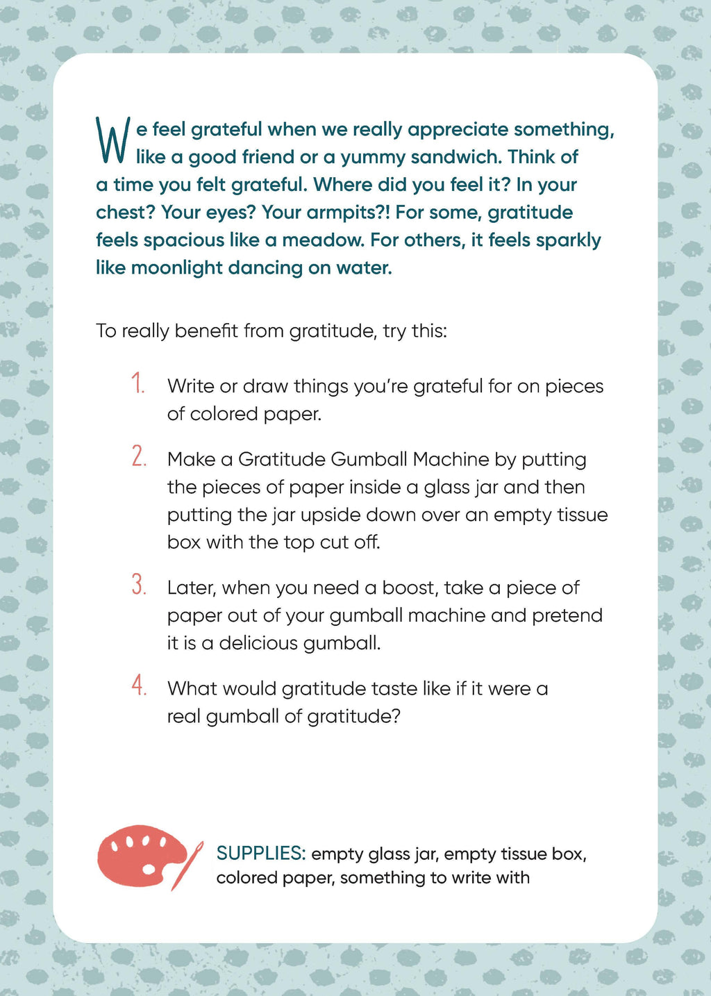 Instructions on a white card with a blue polka dot border, explaining gratitude and a gratitude gumball machine activity.