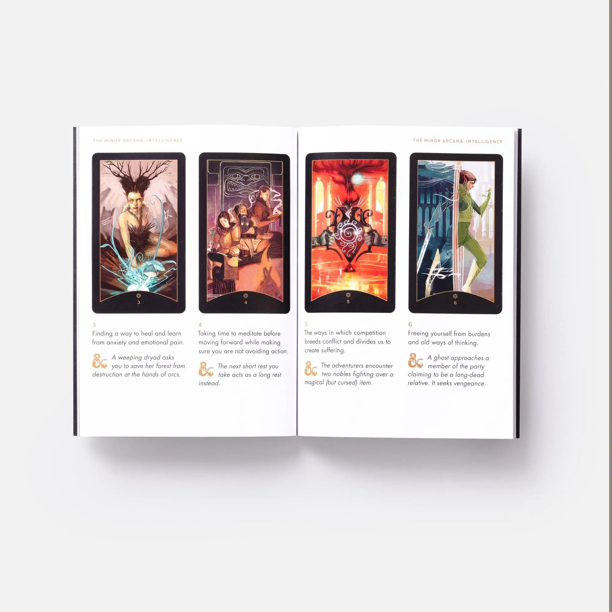 Open book with tarot card illustrations on a white background
