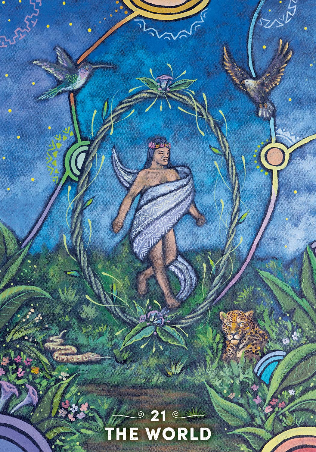 Card from a tarot deck featuring a central figure surrounded by nature elements and celestial symbols.
