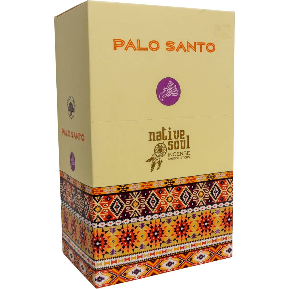 Palo Santo incense packaging with Native Soul branding on a beige background