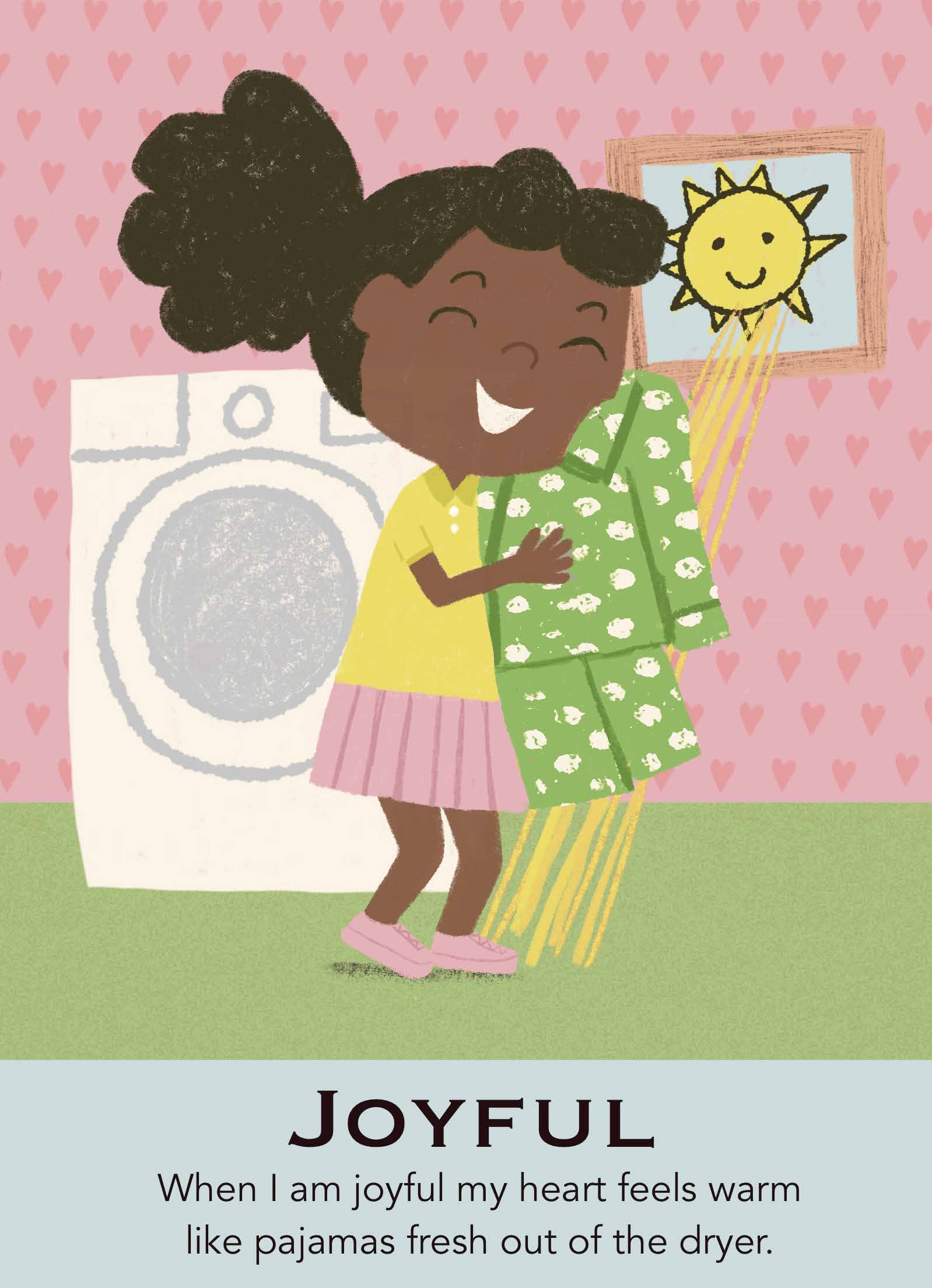 Illustration of a girl in pajamas with a dryer and sun in the background, featuring the word 'JOYFUL'.