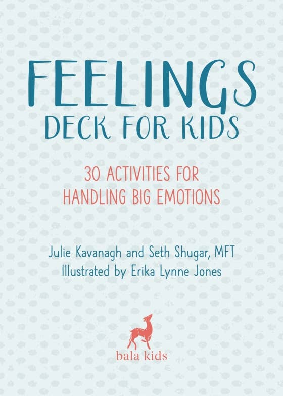 Book cover of 'Feelings Deck for Kids' with text and a deer illustration on a patterned background.
