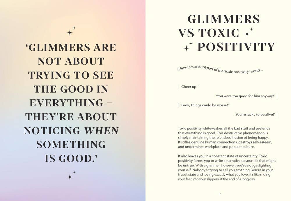 Text on a gradient background discussing 'Glimmers' and 'toxic positivity'.