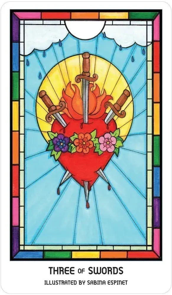 Stylized 'Three of Swords' tarot card with a rainbow border, featuring a heart with swords and flowers.