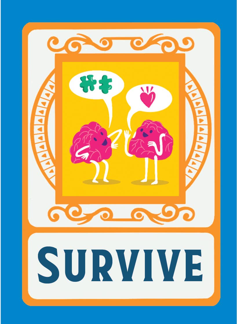 Card with cartoon brains and text on a blue background