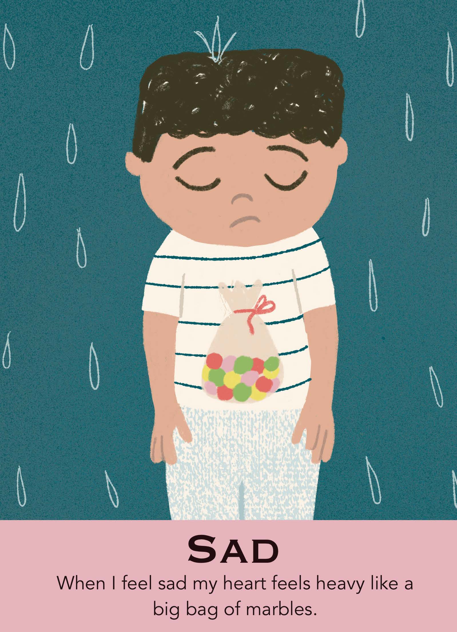 Illustration of a sad boy holding a bag of marbles with raindrops on a blue background.