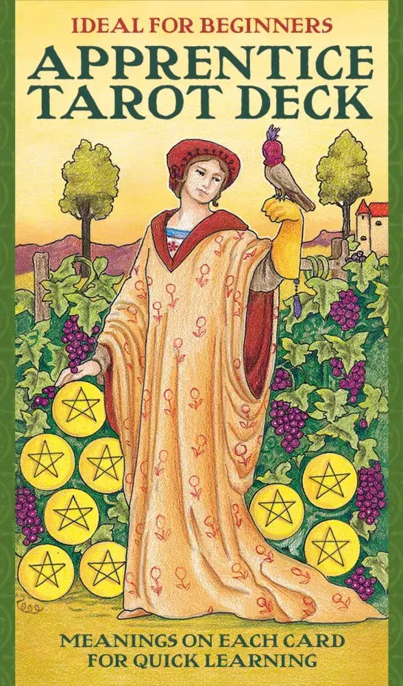 Book cover of 'Apprentice Tarot Deck' with a person in robes and pentacle symbols on a green background.