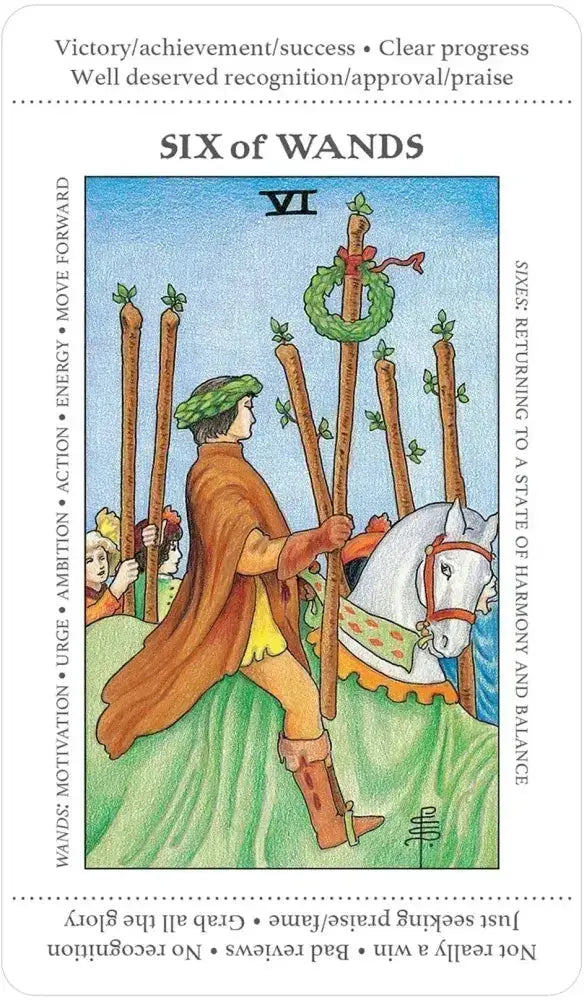 Tarot card titled 'Six of Wands' with a person holding wands and a horse in the background.