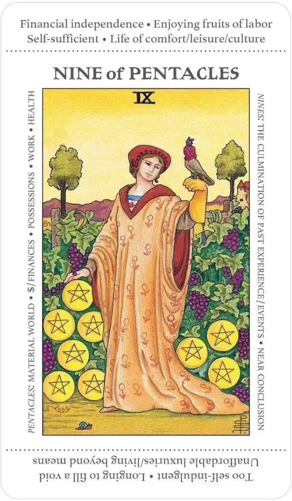 Tarot card titled 'Nine of Pentacles' with a person in a garden setting.