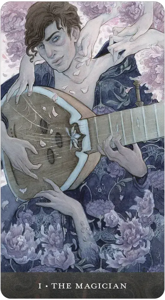 Card featuring a person playing a lyre with floral elements and text 'The Magician' at the bottom.