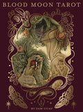 Book cover of 'Blood Moon Tarot' with an illustration of a figure holding a fruit, surrounded by decorative elements.