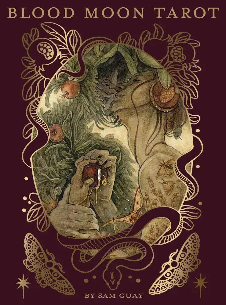 Book cover of 'Blood Moon Tarot' with an illustration of a figure holding a fruit, surrounded by decorative elements.