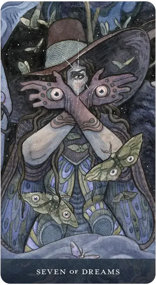 Card from a tarot deck featuring a fairy with moth-like wings and a butterfly, titled 'Seven of Dreams'.