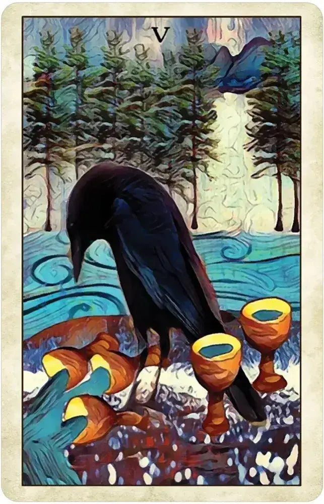 Tarot card with a crow and five cups in a forest setting