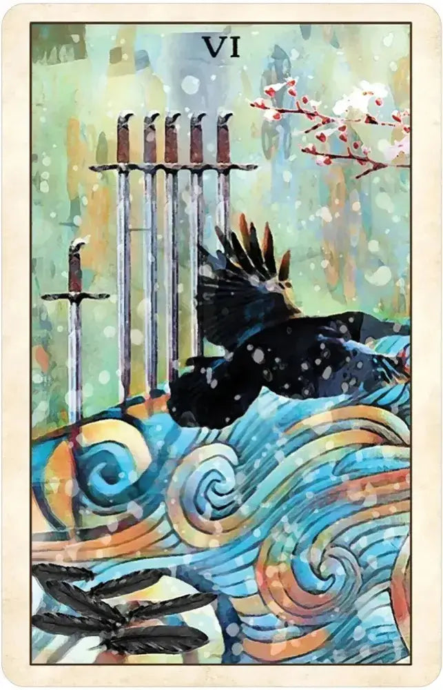 Tarot card with a crow flying over swirling patterns and 6 swords, symbolizing the number 6.