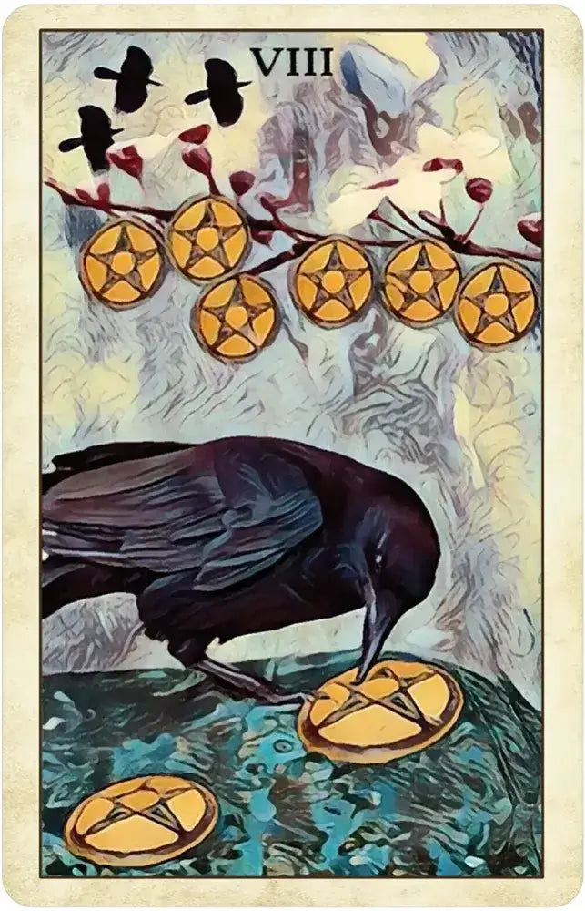 Tarot card with a crow, coins, and birds on a branch against a colorful background