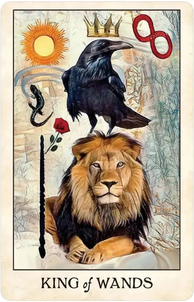 Card featuring a lion, crow, rose, and sun with 'King of Wands' text.