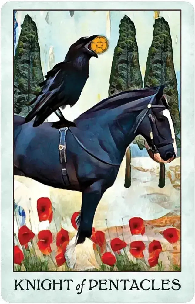 Card featuring a horse with a crow on its back, surrounded by poppies and trees, labeled 'Knight of Pentacles'.