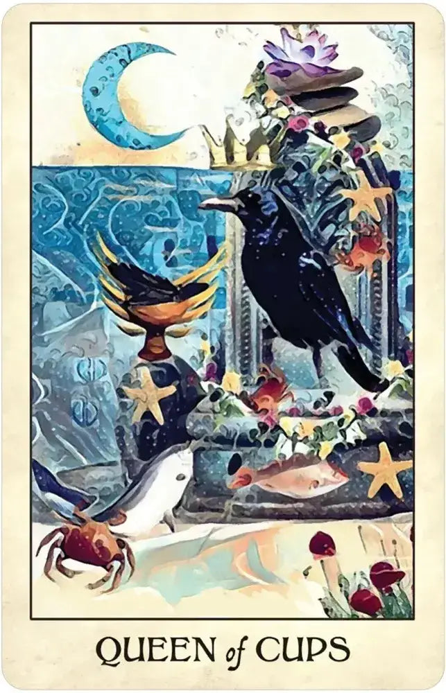 Tarot card titled 'Queen of Cups' with a black crow, fish, and flowers.