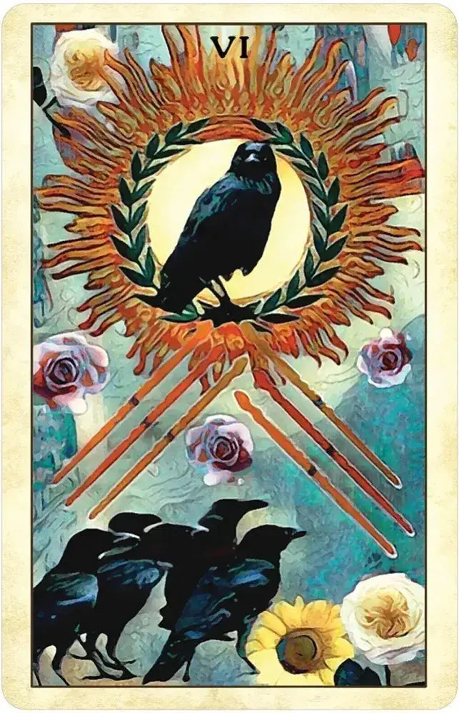 Tarot card with a crow, sun, and flowers on a colorful background