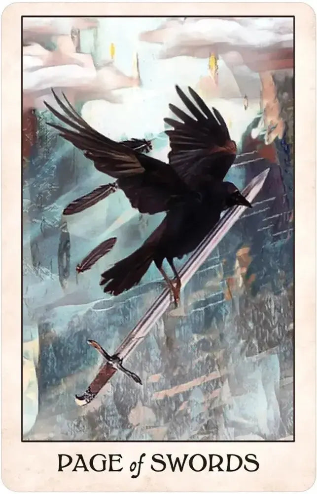 Tarot card featuring a crow on a sword with a blurred background. The "Page of Swords" card.