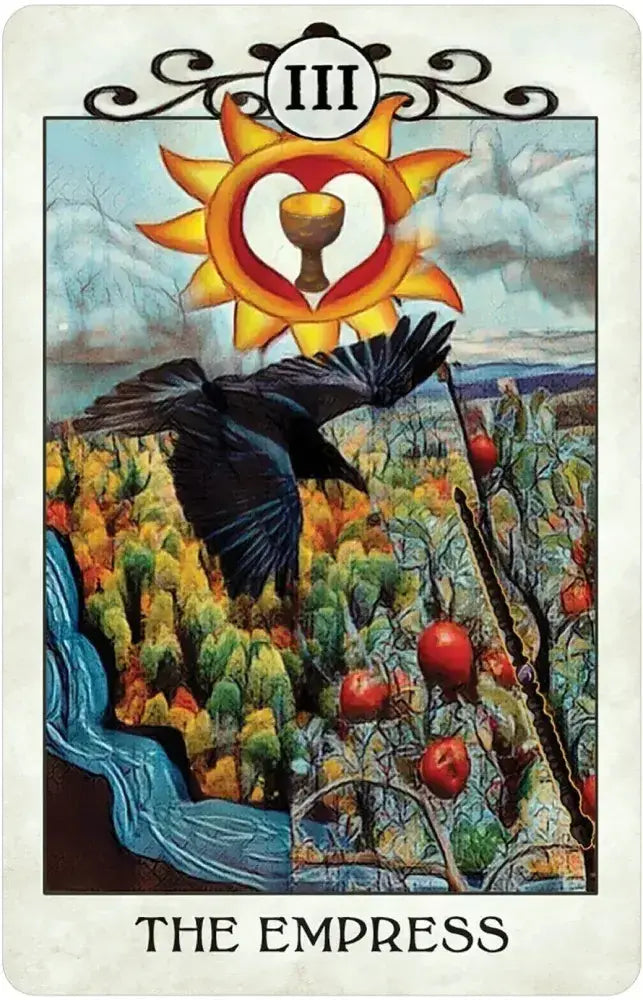 Tarot card titled 'The Empress' with a sun symbol, crow, and landscape.