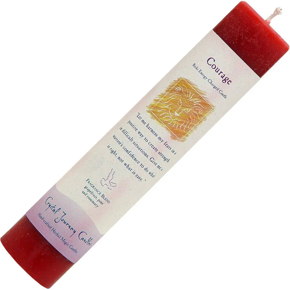 Red candle with a Courage label on a white background