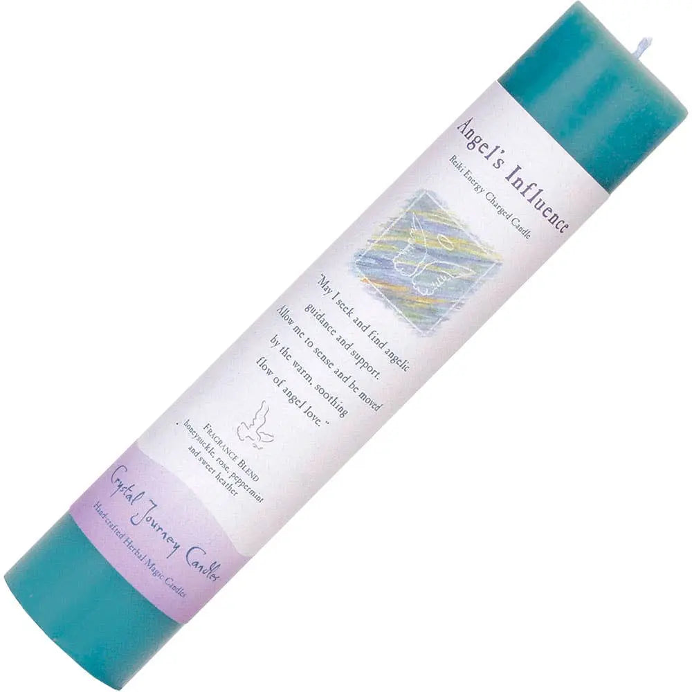 Teal and white candle with an "angel's influence" lable on a white background
