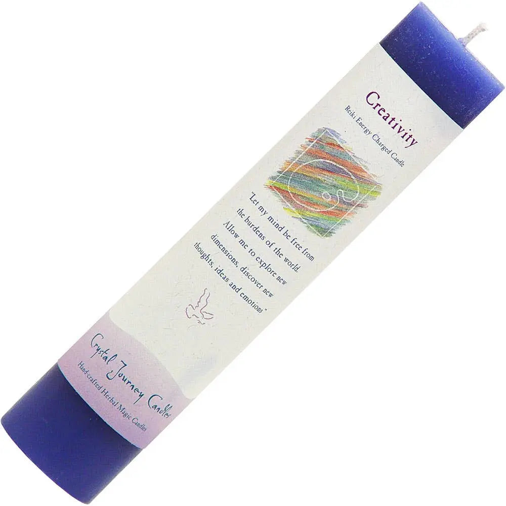 Purple candle with white "creativity" label on a white background